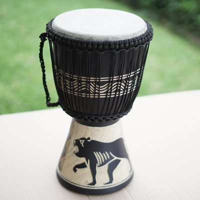 Wood djembe drum, 'Safari Beat' - Tiger-Themed Black Sese Wood and Goat Skin Djembe Drum