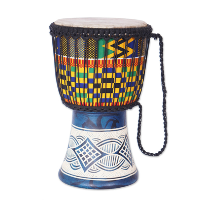 Geometric Blue Sese Wood Djembe Drum with Kente Accents, 'Unity Celebration