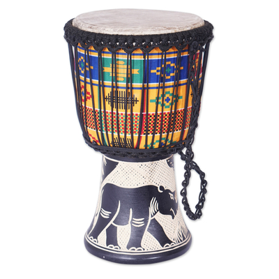 Wood djembe drum, 'Rhino Rhythms' - Rhino-Themed Black Sese Wood Djembe Drum with Kente Accents
