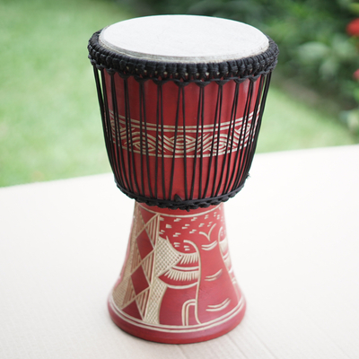Wood djembe drum, 'Butterfly Beat' - Butterfly-Themed Red Sese Wood and Goat Skin Djembe Drum