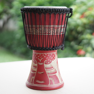 Wood djembe drum, 'Butterfly Beat' - Butterfly-Themed Red Sese Wood and Goat Skin Djembe Drum