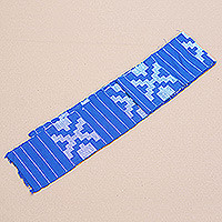 Bufanda de algodón, 'One Sapphire Signal' - Bufanda geométrica de algodón en zafiro con detalles a rayas