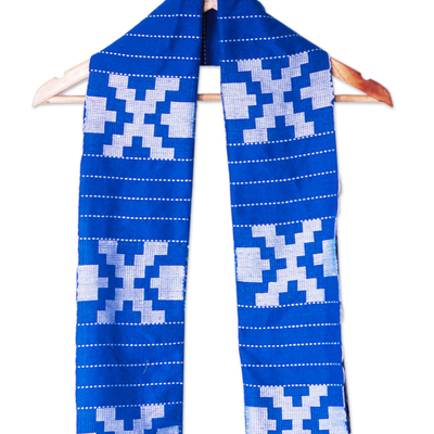 Bufanda de algodón - Bufanda de algodón geométrica tejida a mano en zafiro