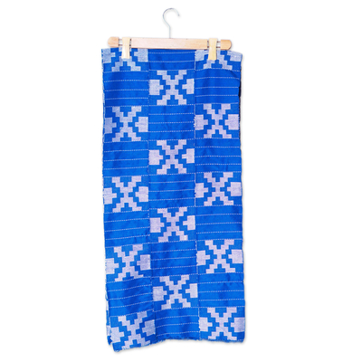 Cotton shawl, 'Three Sapphire Signals' - Handloomed 3-Stripe Geometric Cotton Shawl in Sapphire