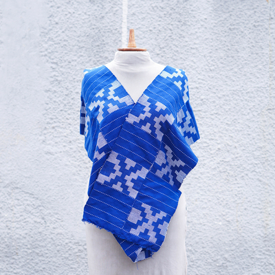 Cotton shawl, 'Three Sapphire Signals' - Handloomed 3-Stripe Geometric Cotton Shawl in Sapphire