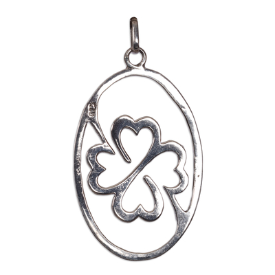 Sterling silver pendant, 'Unity Icon' - Sterling Silver Oval Pendant with Clover Icon from Ghana
