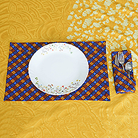 Cotton placemat and napkin set, 'Saffron Grace' (12 pieces) - Chevron-Patterned 12-Piece Cotton Placemat and Napkin Set