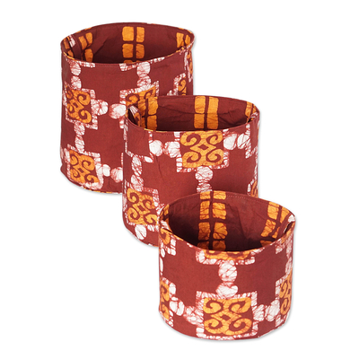 Cotton batik baskets, 'Russet Dwennimmen' (set of 3) - Set of 3 Cotton Baskets with Russet Batik Dwennimmen Pattern
