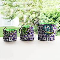 Cotton baskets, 'Amethyst Spring' (set of 3) - Set of 3 Cotton Baskets with Amethyst and Lime Floral Motifs