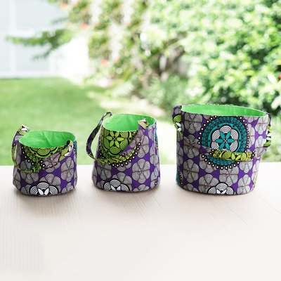 Cotton baskets, 'Amethyst Spring' (set of 3) - Set of 3 Cotton Baskets with Amethyst and Lime Floral Motifs