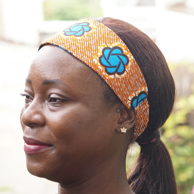 Cotton headband, 'Sunrise Crown' - Handcrafted Blue and Orange Patterned Cotton Headband