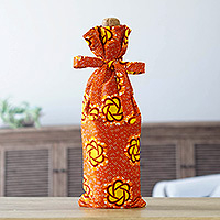 Cotton wine bottle cover, 'Happy Toast' - Handcrafted Cotton Wine Bottle Cover in Orange and Yellow