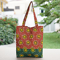 Cotton tote bag, 'Spring Lady' - Handcrafted Floral Emerald and Marigold Cotton Tote Bag