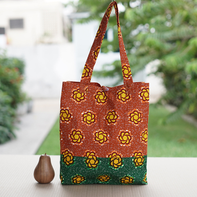 Cotton tote bag, 'Spring Lady' - Handcrafted Floral Emerald and Marigold Cotton Tote Bag