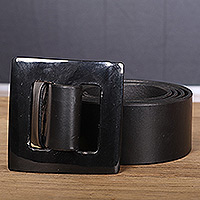 Leather belt, 'Square Excellence' - Dark Black Leather Belt with Square Buckle from Ghana