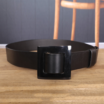 Leather belt, 'Distinct Squared' - Dark Black Leather Belt with Square Buckle from Ghana