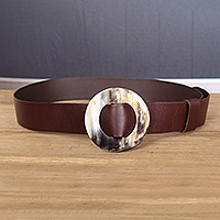 Leather belt, 'Chocolate Perseverance' - Chocolate Leather Belt with Aya Adinkra Symbol from Ghana