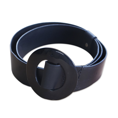 Leather belt, 'Distinct in Black' - Black Leather Belt with Aya Adinkra Symbol from Ghana