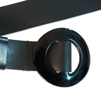 Leather belt, 'Distinct in Black' - Black Leather Belt with Aya Adinkra Symbol from Ghana
