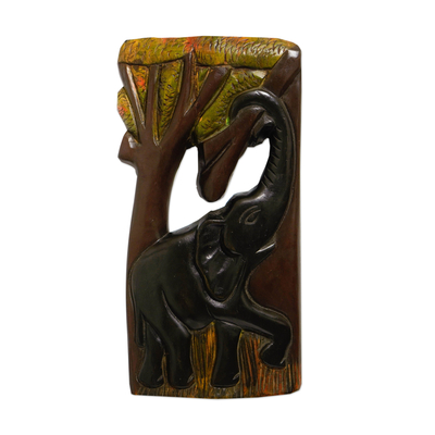 Wood wall art, 'Aboa Kese' - Hand-Carved Elephant-Themed Sese Wood Wall Art
