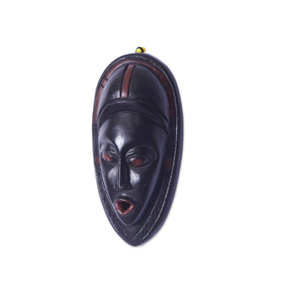 African wood mask, 'Awurade Kasa' - Hand-Painted Dark Black and Brown African Sese Wood Mask