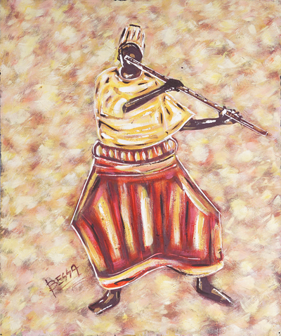 'Harmony' - Acrylic Expressionist Painting of African Man Playing Flute