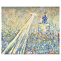 'El Camino Estrecho' - Acrílico sobre Papel de Cáscara de Huevo Pintura Impresionista de Iglesia