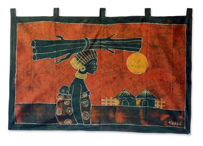 Batik wall hanging, 'Woman From the Farm' - Fair Trade Batik Cotton Wall Hanging