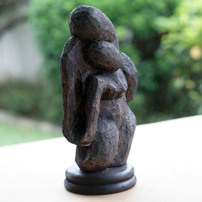 Ceramic and wood sculpture, 'Lean on Me' - Hand-Painted Abstract Ceramic & Wood Sculpture of Lovers