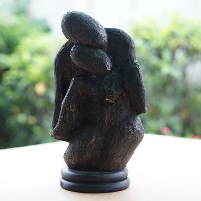 Ceramic and wood sculpture, 'Lean on Me' - Hand-Painted Abstract Ceramic & Wood Sculpture of Lovers