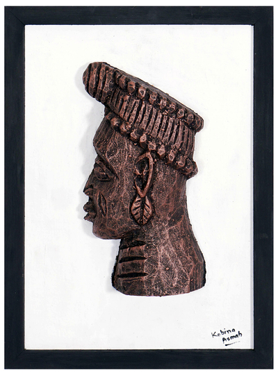 Ceramic and wood relief wall art, 'Bronze Head from Ife' - Ceramic and Wood Relief Wall Art of Nigerian Ife Head