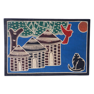 Wood wall art, 'Blue Cottage' - Painted Hand-Carved Sese Wood Wall Art in Blue Base Hue