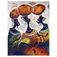 'Porters II' (2021) - Acrylic Painting of Women Carrying Pots from Ghana