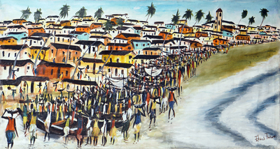 'Cape Coast Cannon Beach' (2020) - Acrylic Expressionist Painting of People at Beach from Ghana