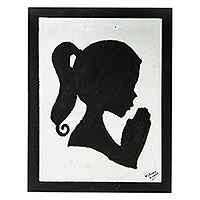 Arte de pared de madera, 'One Love' - Arte de pared de madera texturizada de niña orando hecho con técnicas mixtas