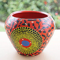 Ceramic decorative flower pot, 'Rocky Red' - Colorful Ceramic Decorative Flower Pot Hand-Painted in Ghana
