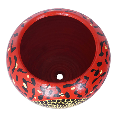 Ceramic decorative flower pot, 'Rocky Red' - colourful Ceramic Decorative Flower Pot Hand-Painted in Ghana