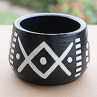 Ceramic decorative flower pot, 'Gboane II' - Geometric-Themed Black & White Ceramic Decorative Flower Pot