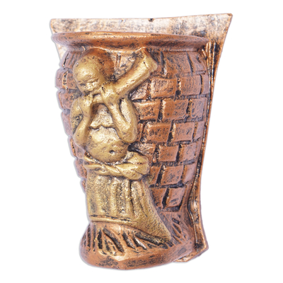 Ceramic decorative wall-mounted vase, 'Horn' - Antiqued Hand-Painted Ceramic Decorative Wall-Mounted Vase