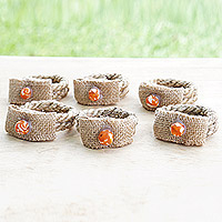 Jute and recycled glass napkin rings, 'Dazzling Dinner Table' (set of 6) - 6 Eco-Friendly Jute Napkin Rings with Recycled Glass Beads