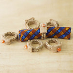Jute and recycled glass napkin rings, 'Dazzling Dinner Table' (set of 6) - 6 Eco-Friendly Jute Napkin Rings with Recycled Glass Beads