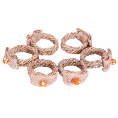 Jute and recycled glass napkin rings, 'Dazzling Dinner Table' (set of 6) - 6 Eco-Friendly Jute Napkin Rings with Recycled Glass Beads