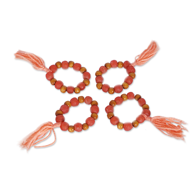 Wood and recycled glass beaded napkin rings, 'Ghanaian Hospitality' (set of 4) - 4 Wood and Recycled Glass Beaded Napkin Rings with Tassels
