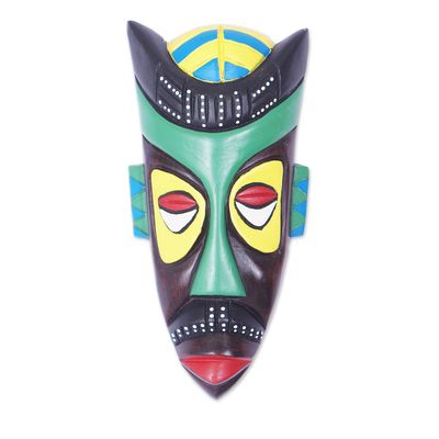 African wood mask, 'Omnipresence' - Hand-Painted African Wood Mask in Black Green Yellow & Red
