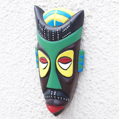 African wood mask, 'Omnipresence' - Hand-Painted African Wood Mask in Black Green Yellow & Red