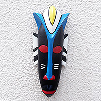 African wood mask, 'Okomfo' - Hand-Painted African Wood Mask in Black White Blue & Red