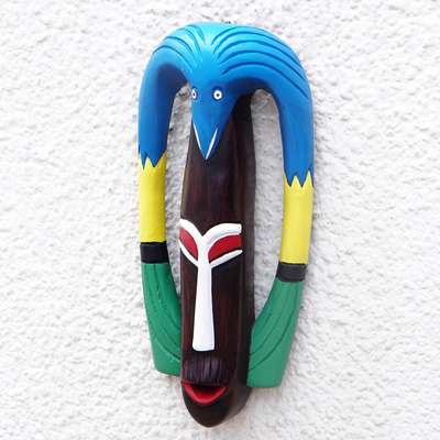 African wood mask, 'Bird Essence' - Hand-Painted African Wood Mask with Bird Accent on Top