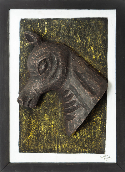 Wood relief wall art, 'The Winning Horse' - Wood Horse Relief Wall Art Made with Mixed Media in Ghana
