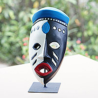 African wood mask, 'Zulu King' - Hand-Painted African Wood Mask of Zulu King on Steel Stand