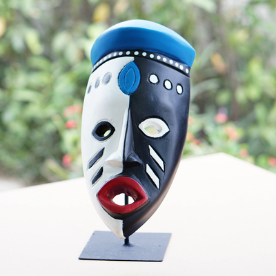 Hand-Painted African Wood Mask of Zulu King on Steel Stand, 'Zulu King